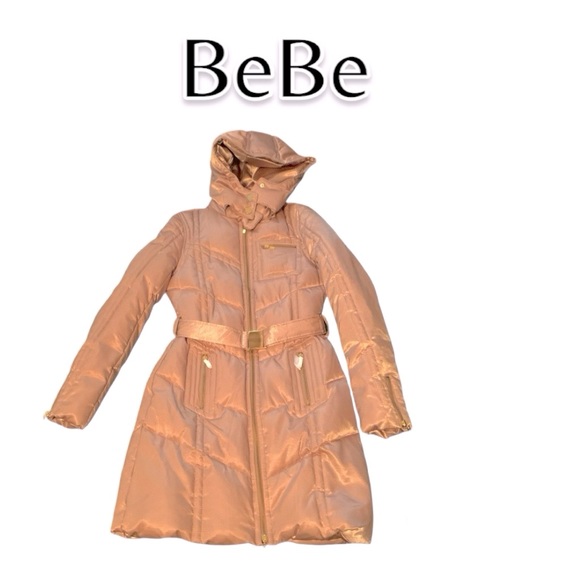 bebe Jackets & Blazers - Nwt Bebe down puff belted Gold tan woman long coat  jacket removable hood M